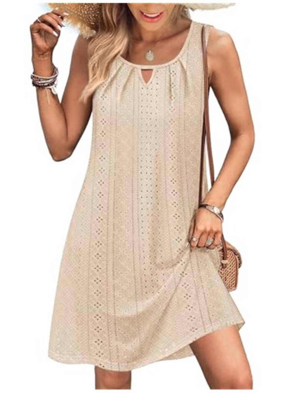 Summer Beach Beige Dress Crew Neck Boho Sleeveless Trendy Style